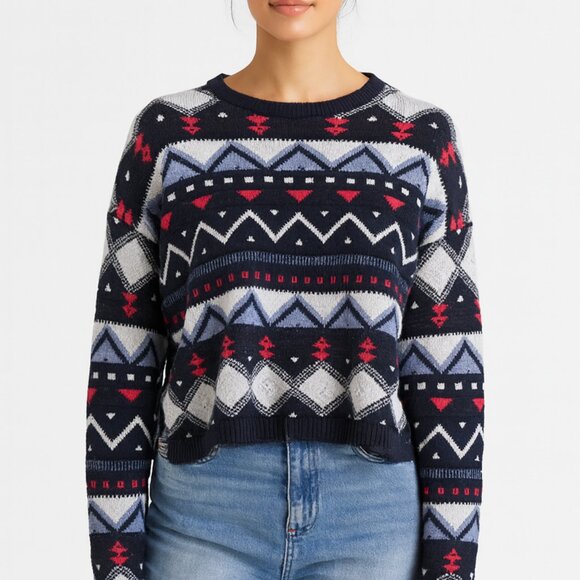 Hollister Sweaters - HOLLISTER Geometric Cropped Knit Pullover Sweater Size Medium Large ML